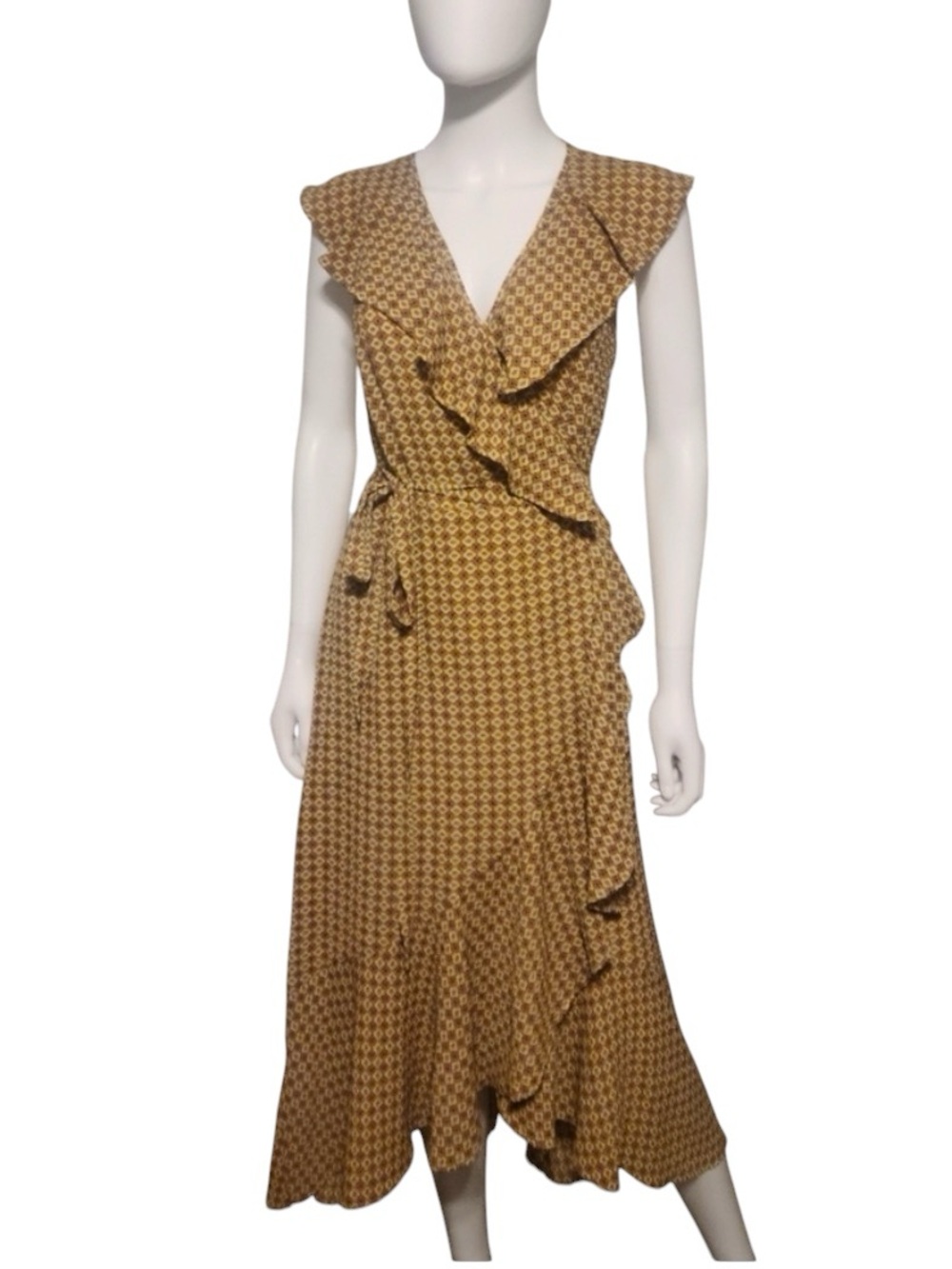 Max Studio Women’s Patterned Ruffle Wrap Midi Dress geometric pattern Sz S